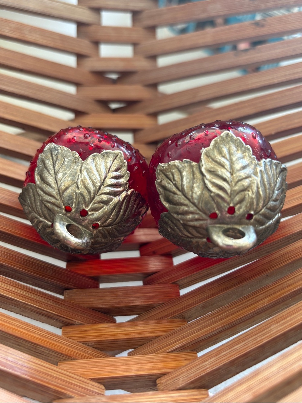 Vintage Glass Red Strawberry Salt & Pepper Shakers with Brass Leaf Caps - Picture 6 of 8